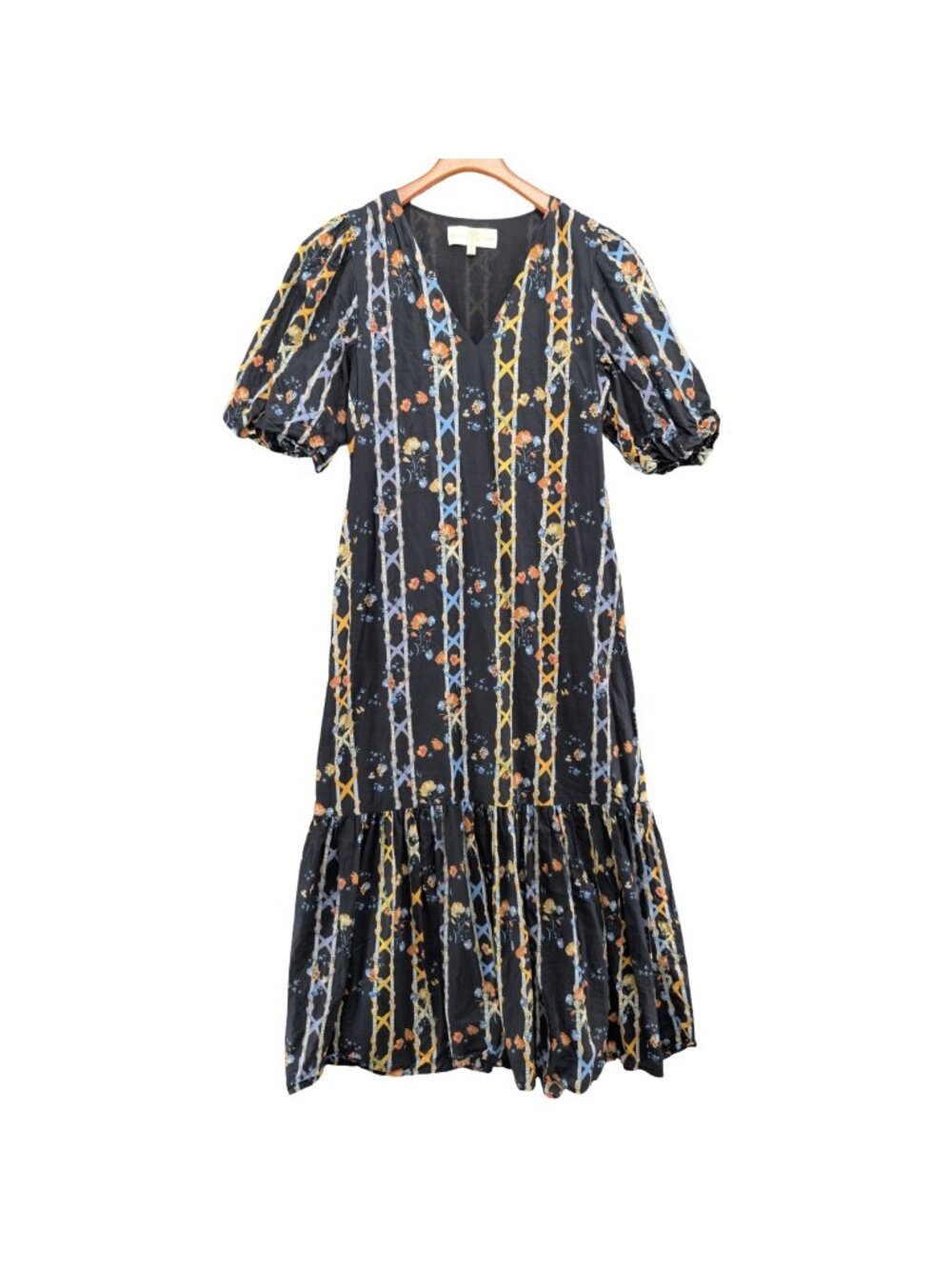 Anna Cate Floral Maxi Dress Multicolor Striped Short Puff Sleeve Lined Size S